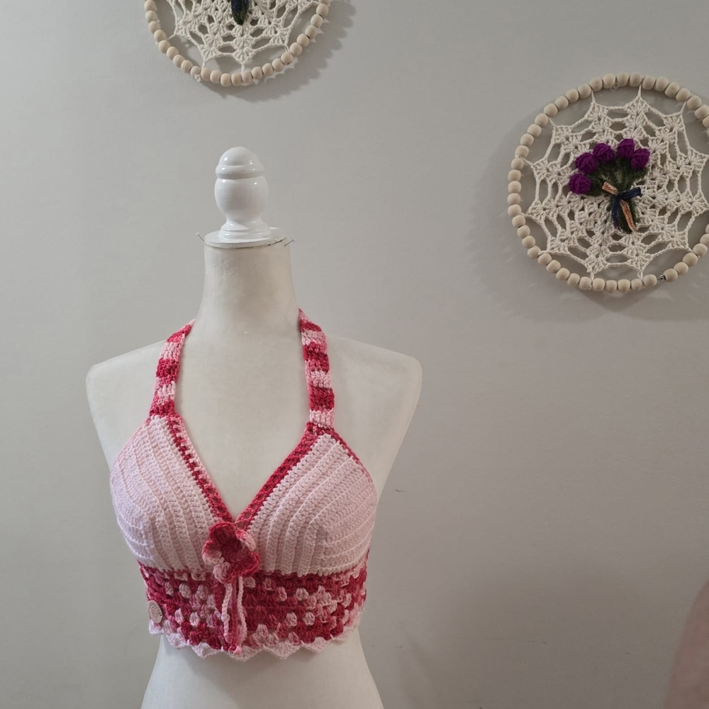 Hand Made Pink and Red Crochet Halter Top